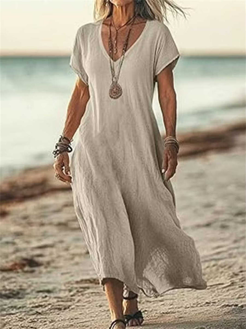 Women's Beige Solid V Neck Short Sleeve Maxi Linen Dress