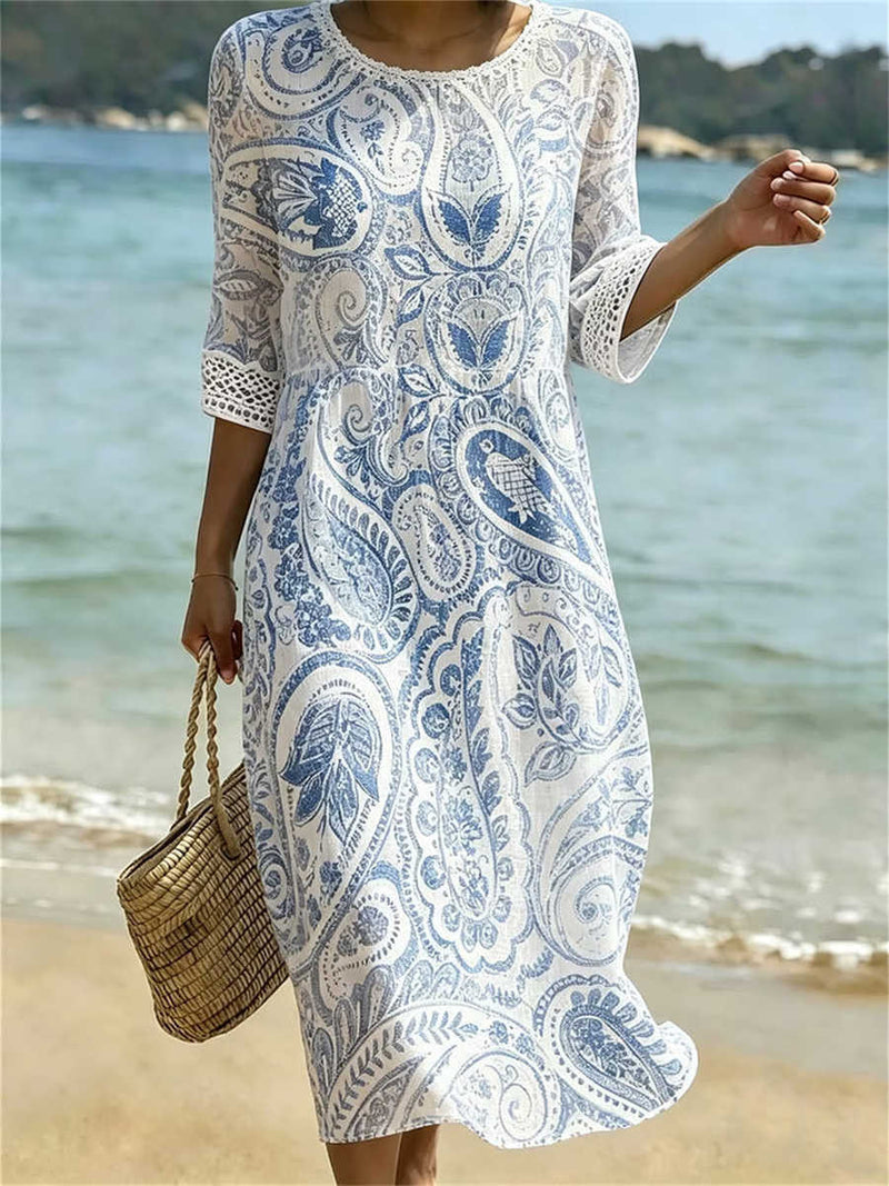 Women's White Blue Paisley Printed Eyelet Trim Round Neck 3/4 Sleeve Midi Dress