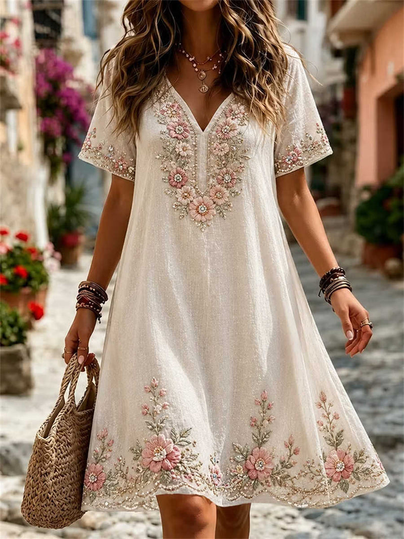 Women's Beige Floral Embroidered V Neck Short Sleeve Mini Dress