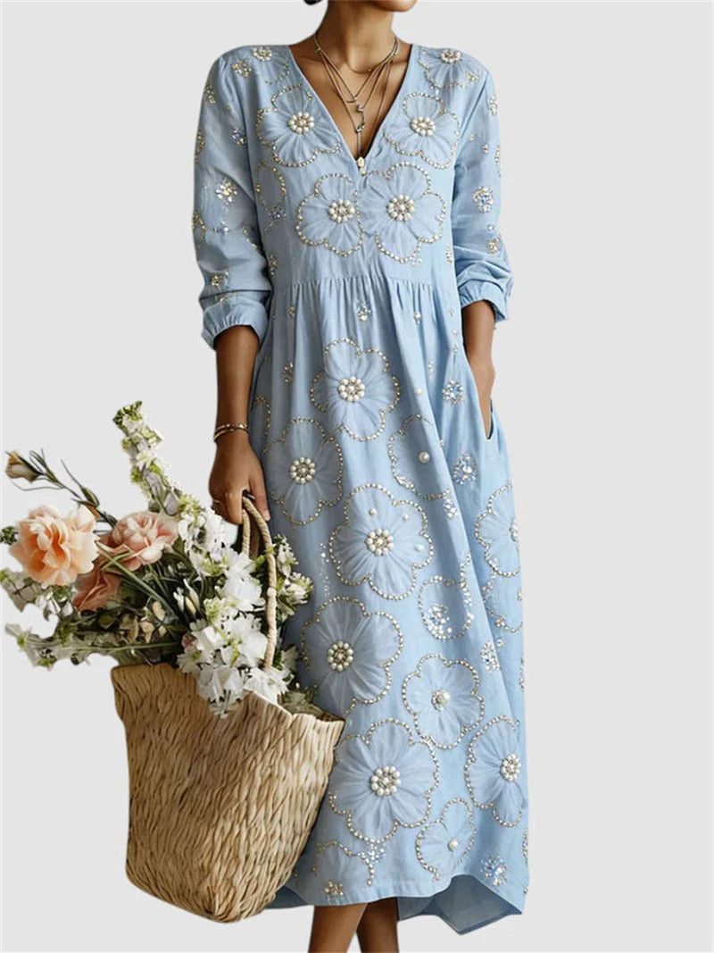 Women's Light Blue Floral Embroidered V Neck Long Sleeve Midi Dress