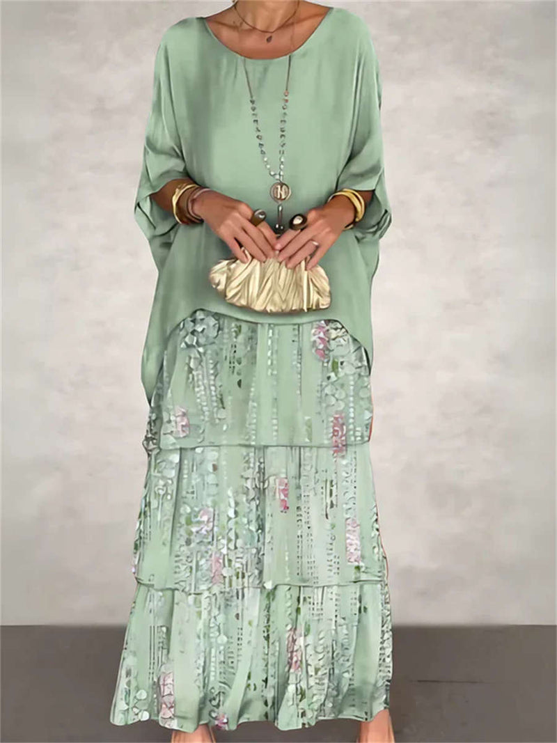 Women's Sage Round Neck Long Sleeve Top with Floral Tiered Maxi Skirt Two-piece Dress