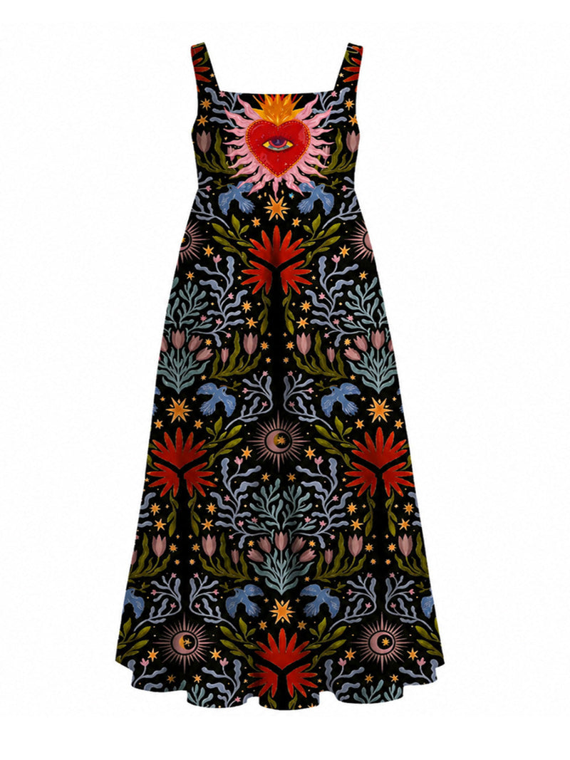 Women's Black Artistic Floral Bird Print Square Neck Strap Maxi Dress