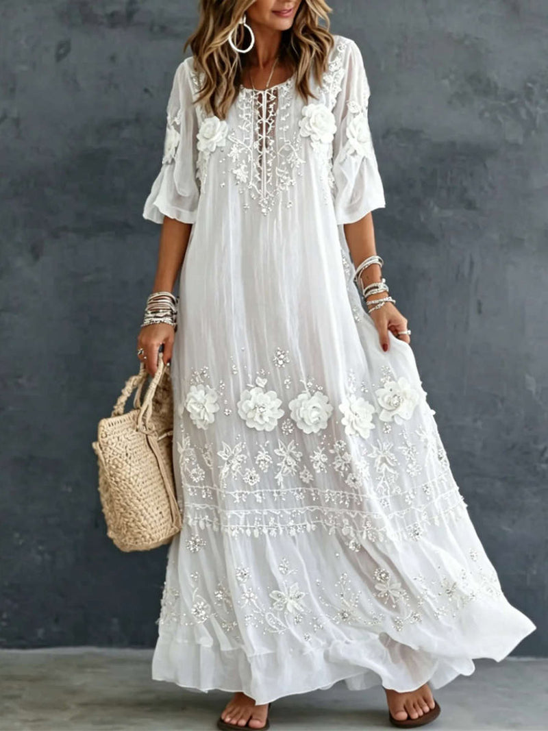 Women's White Floral Embroidery Round Neck Half Sleeve Maxi Dress