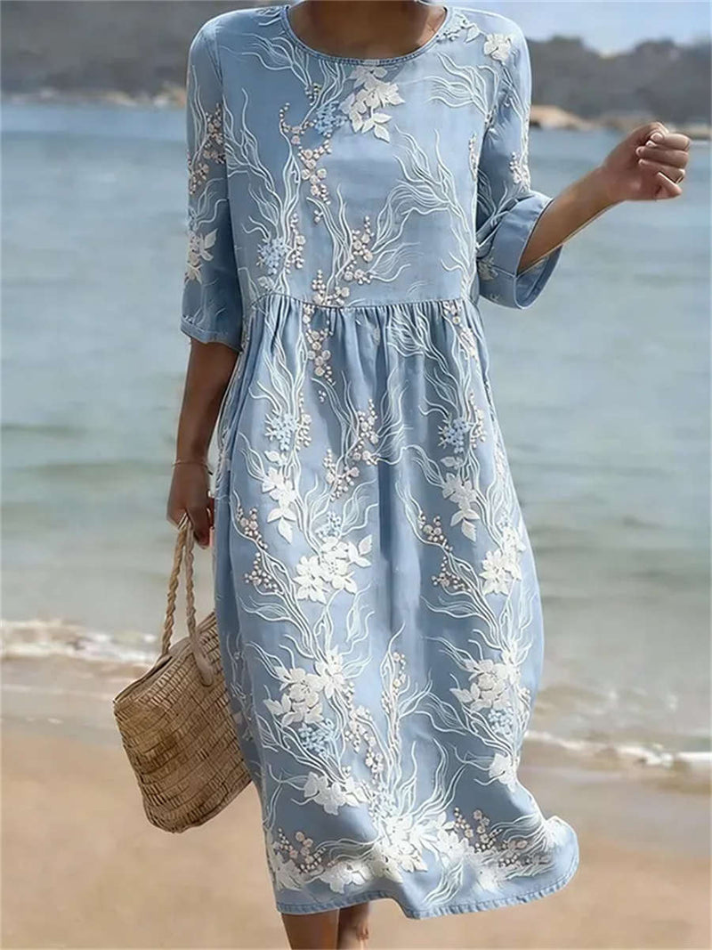 Women's Light Blue Floral Embroidery Round Neck 3/4 Sleeve Midi Dress