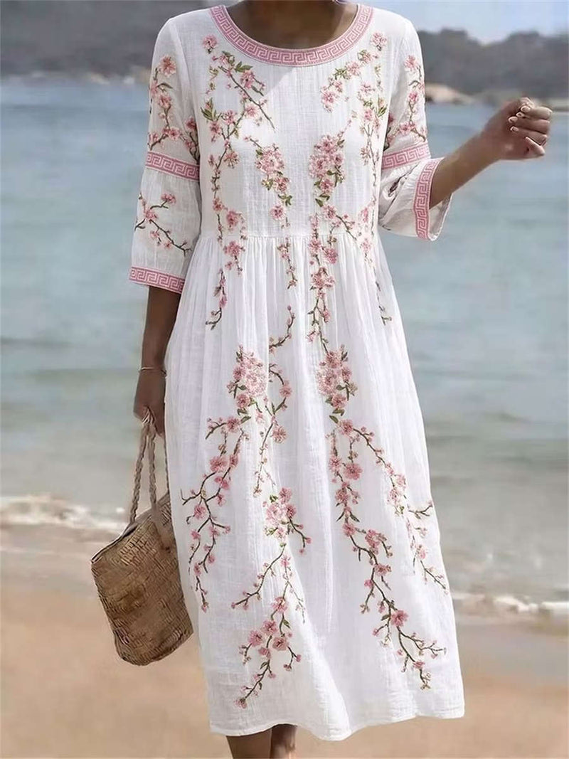 Women's White Floral Embroidery Round Neck 3/4 Sleeve Midi Dress