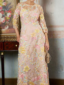 Women's Pink Floral Print Mesh Round Neck 3/4 Sleeve Maxi Dress
