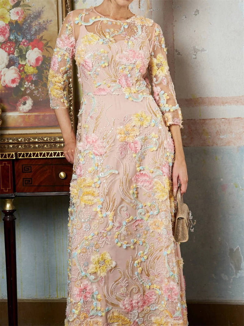 Women's Pink Floral Print Mesh Round Neck 3/4 Sleeve Maxi Dress