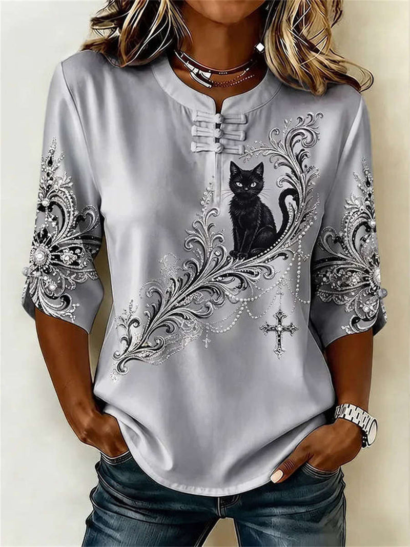 Women's Grey Black Cat Cross Floral Print Mandarin Collar 3/4 Sleeve Blouse