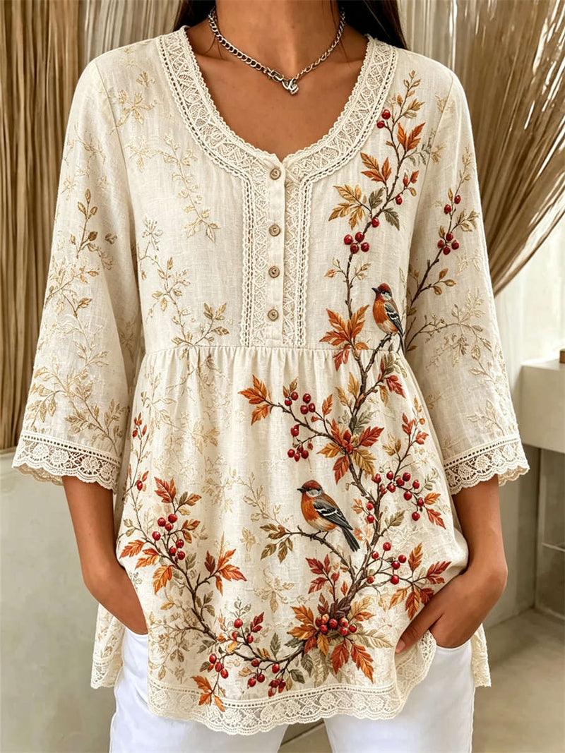 Women's Ivory Bird Autumn Leaf Berry Print V Neck 3/4 Sleeve Blouse