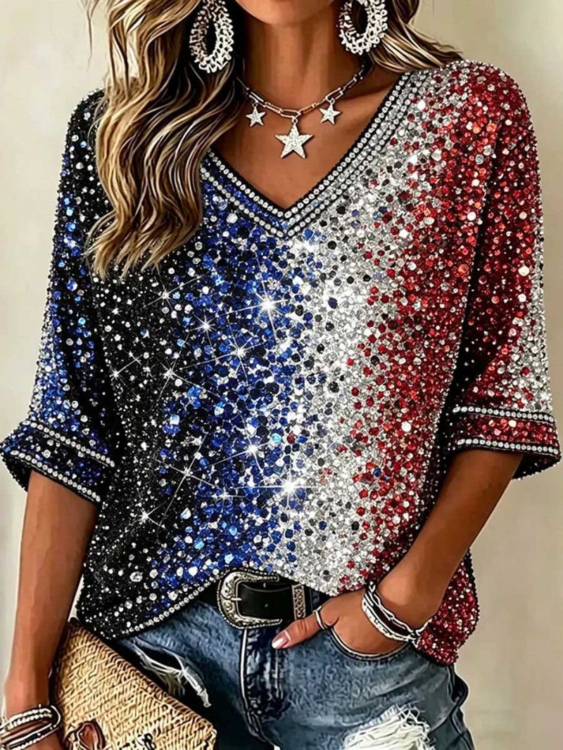 Women's Holiday Red and Blue Gradient Sequin V Neck 3/4 Sleeve Blouse