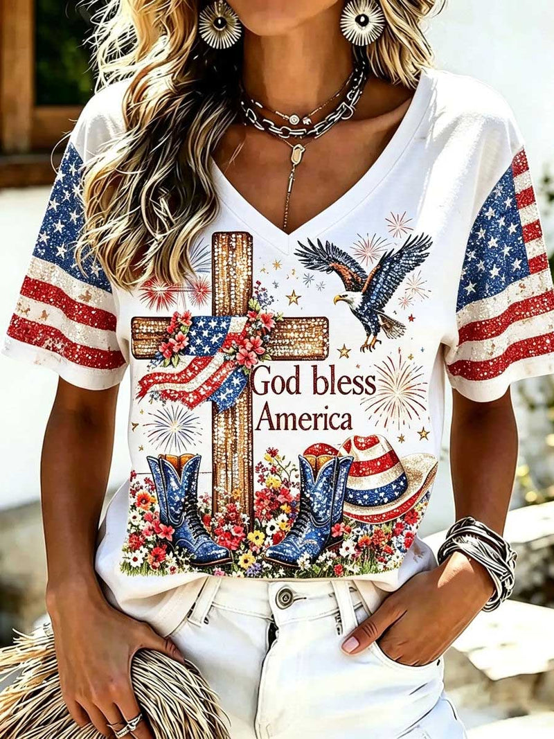 Women's Holiday White Flag Eagle Cross Raglan V Neck Short Sleeve Blouse