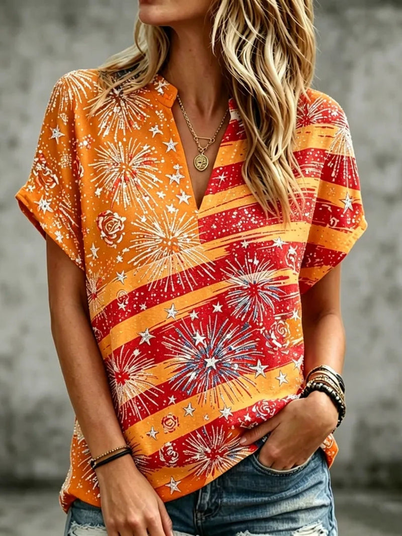 Women's Casual Orange Red Firework Star Notch V Neck Short Sleeve Blouse