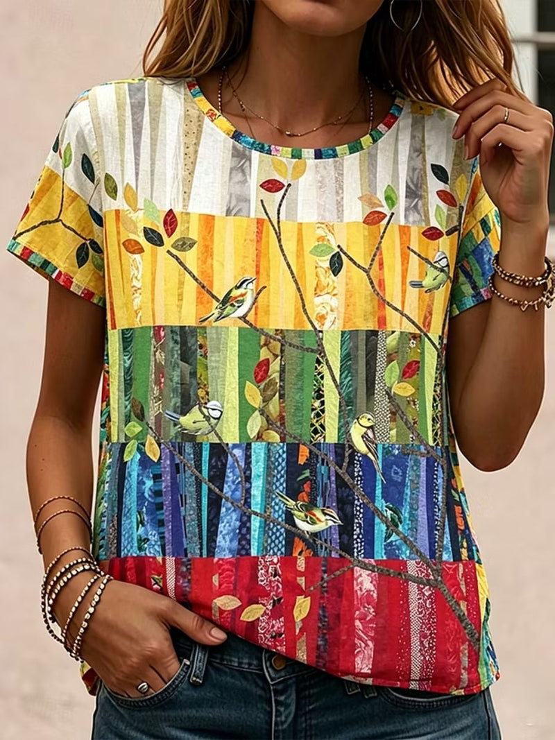 Women's Multi Patchwork Bird Tree Leaf Round Neck Short Sleeve Blouse