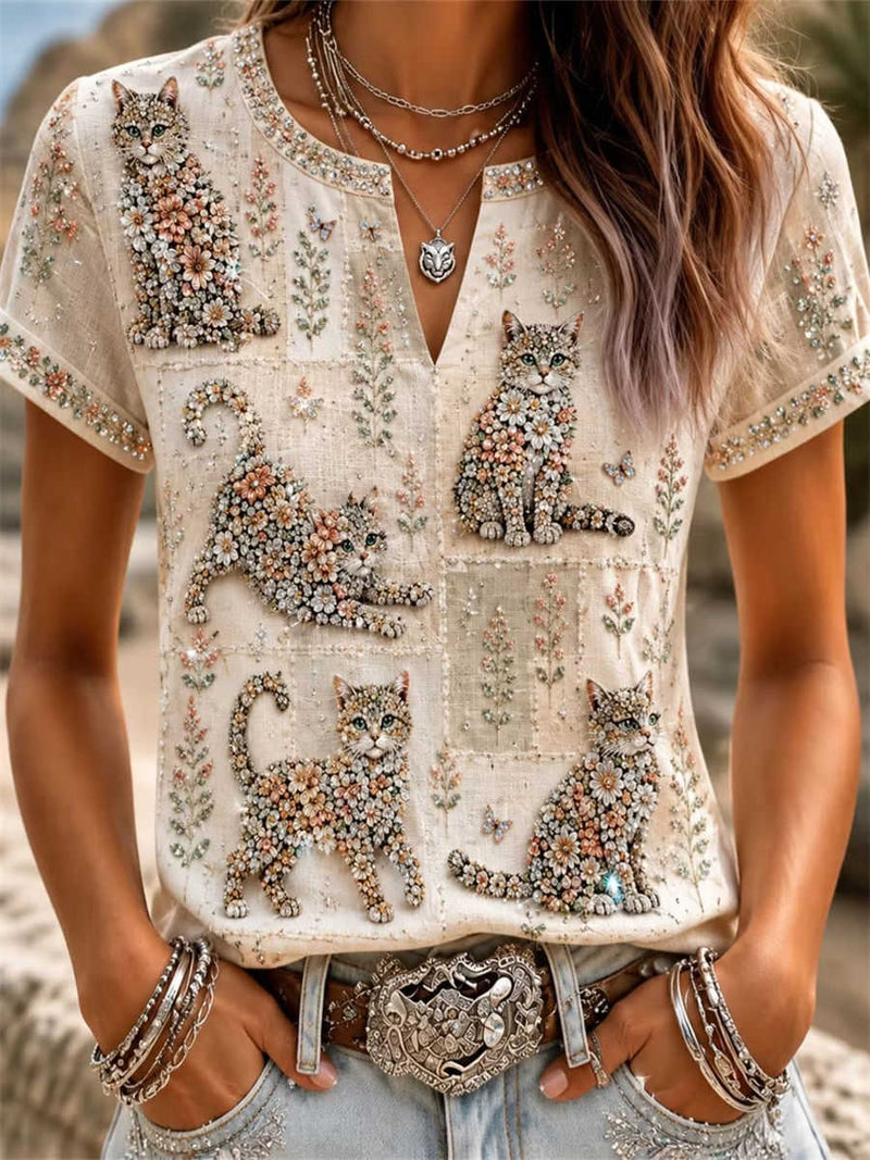 Women's Beige Floral Cat Embroidery Rhinestone Notch V Neck Short Sleeve Blouse