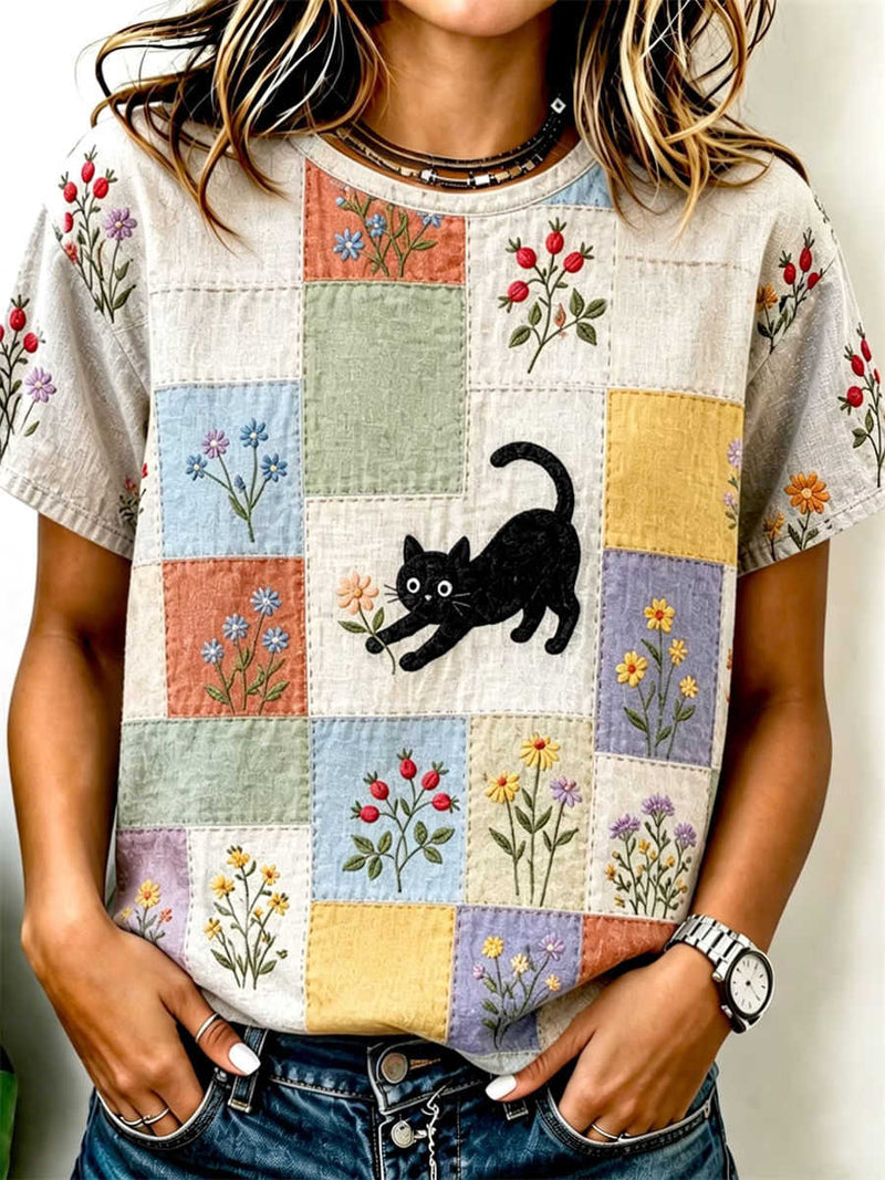 Women's Beige Patchwork Floral Black Cat Embroidery Round Neck Short Sleeve Blouse