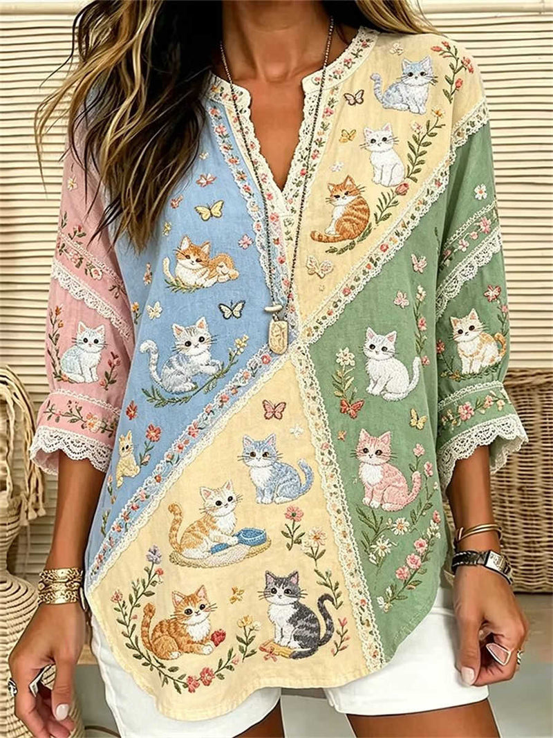 Women's Diagonal Color Block Cat Butterfly Floral Embroidery Lace Notch V Neck 3/4 Sleeve Blouse