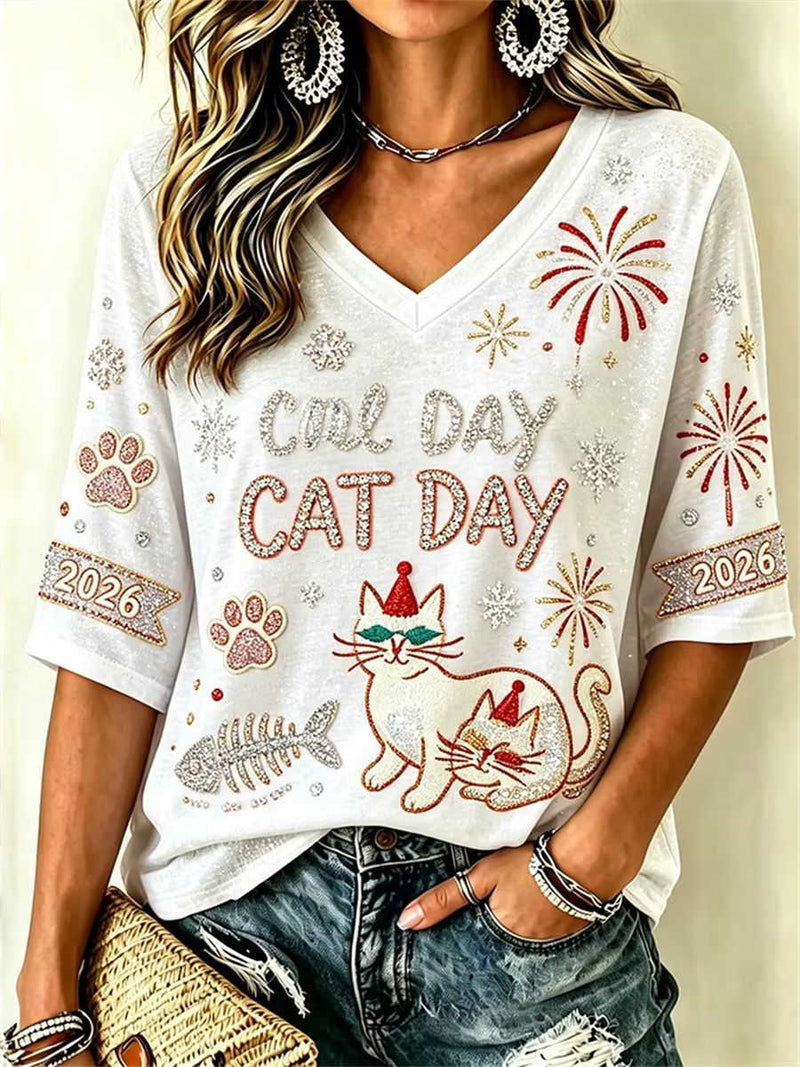Women's White Cat Day Firework Rhinestone V Neck 3/4 Sleeve Blouse