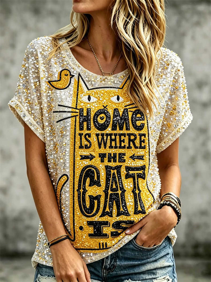 Women's Beige All Over Glitter Cat Letter Print Round Neck Short Sleeve Blouse