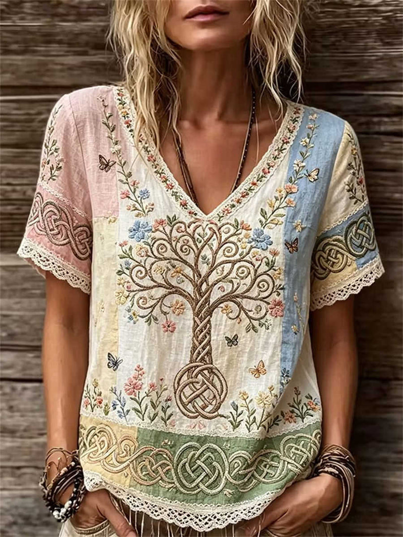 Women's Multi Embroidered Tree Lace Trim V Neck Short Sleeve Blouse