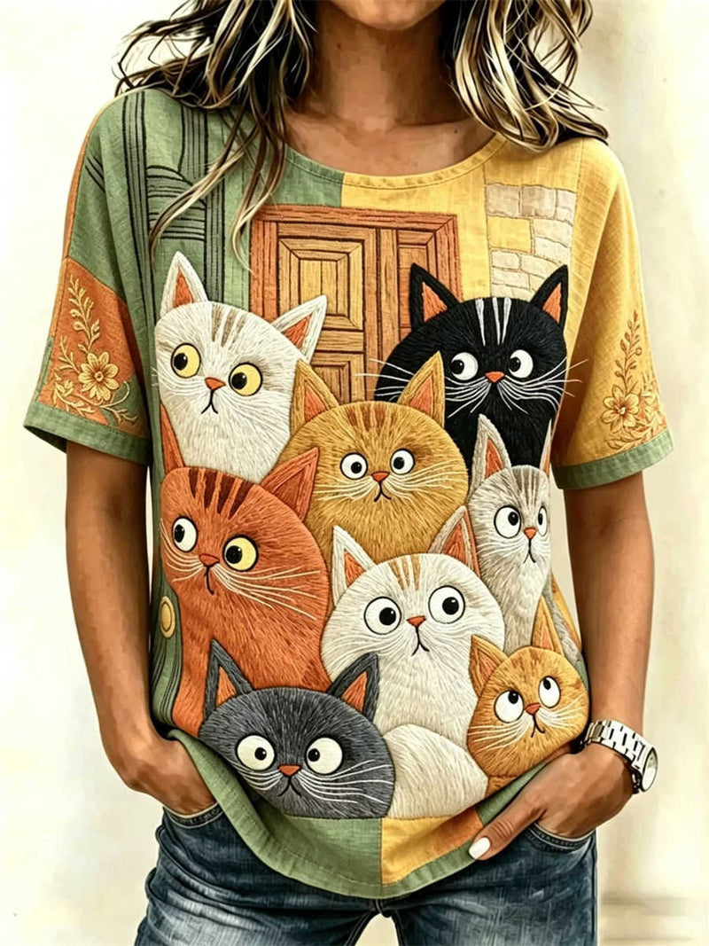 Women's Multi Block Print Cute Group Cats Round Neck Short Sleeve Blouse
