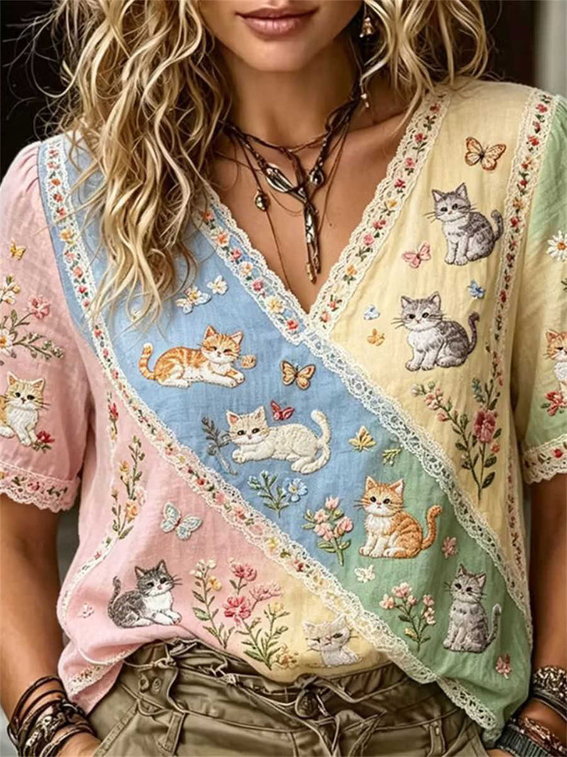 Women's Multi Color Block Embroidered Cat Floral Butterfly V Neck Short Sleeve Blouse
