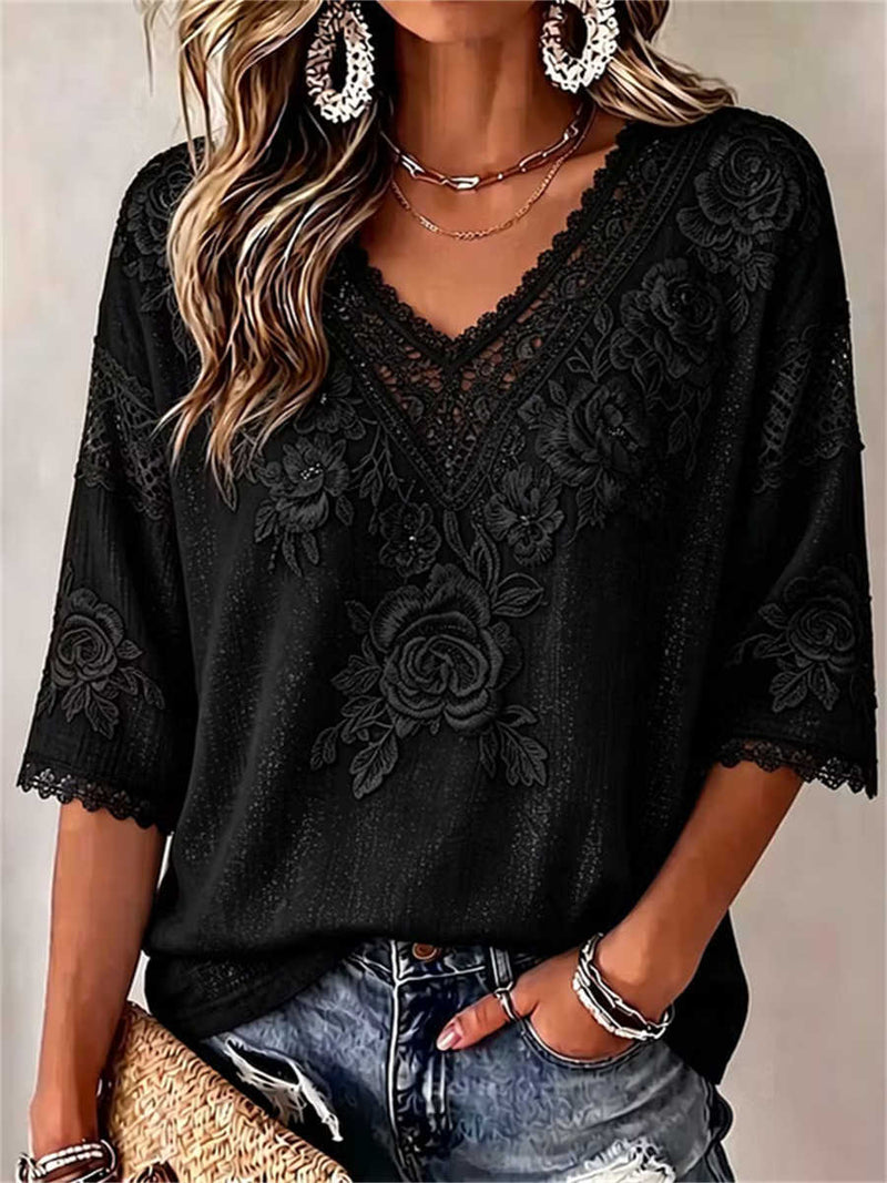 Women's Black Floral Embroidered Lace Trim V Neck 3/4 Sleeve Blouse