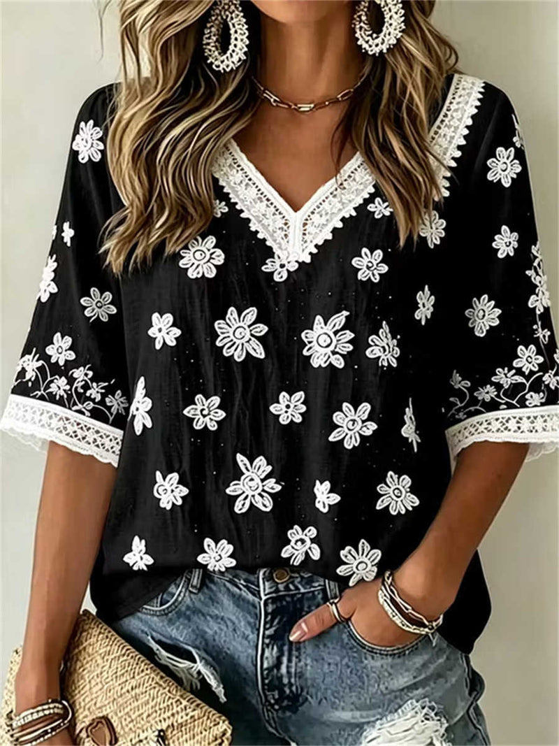 Women's Black White Floral Embroidered Cutwork Trim V Neck 3/4 Sleeve Blouse