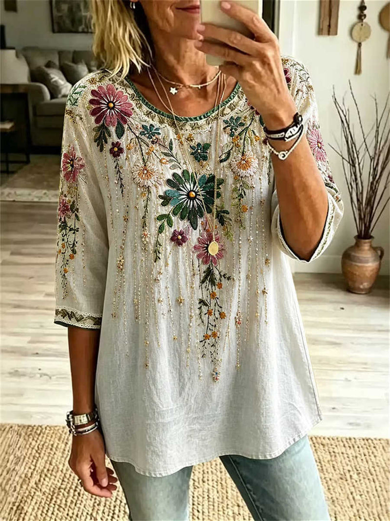 Women's Ivory Floral Embroidered Rhinestone Lace Trim Round Neck 3/4 Sleeve Blouse