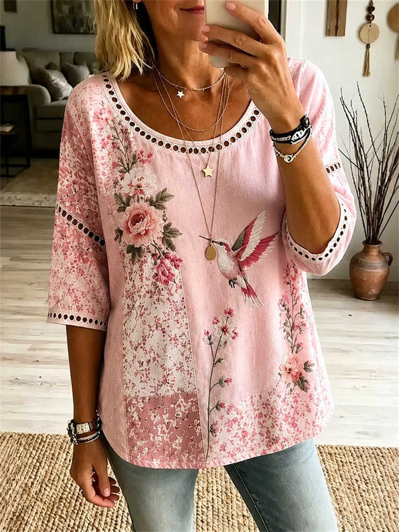 Women's Pink Bird Floral Printed Eyelet Trim Round Neck 3/4 Sleeve Blouse