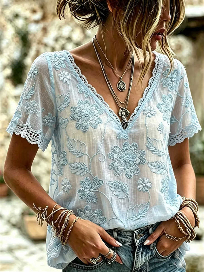 Women's Light Blue Floral Embroidered Lace Trim V Neck Short Sleeve Blouse