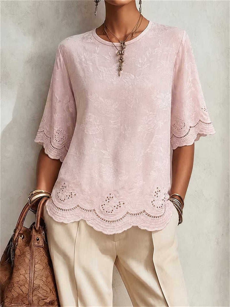 Women's Light Pink Jacquard Eyelet Lace Trim Round Neck Short Sleeve Blouse