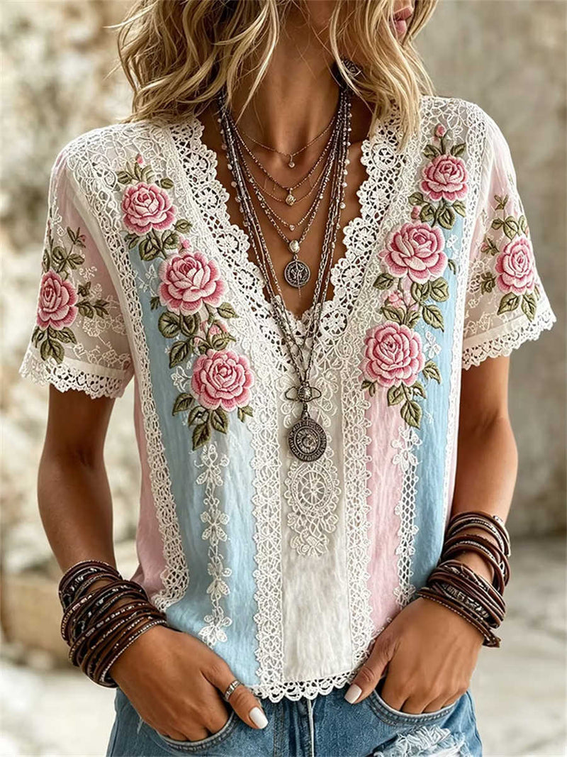 Women's White Rose Floral Embroidered Hollow Lace V Neck Short Sleeve Blouse