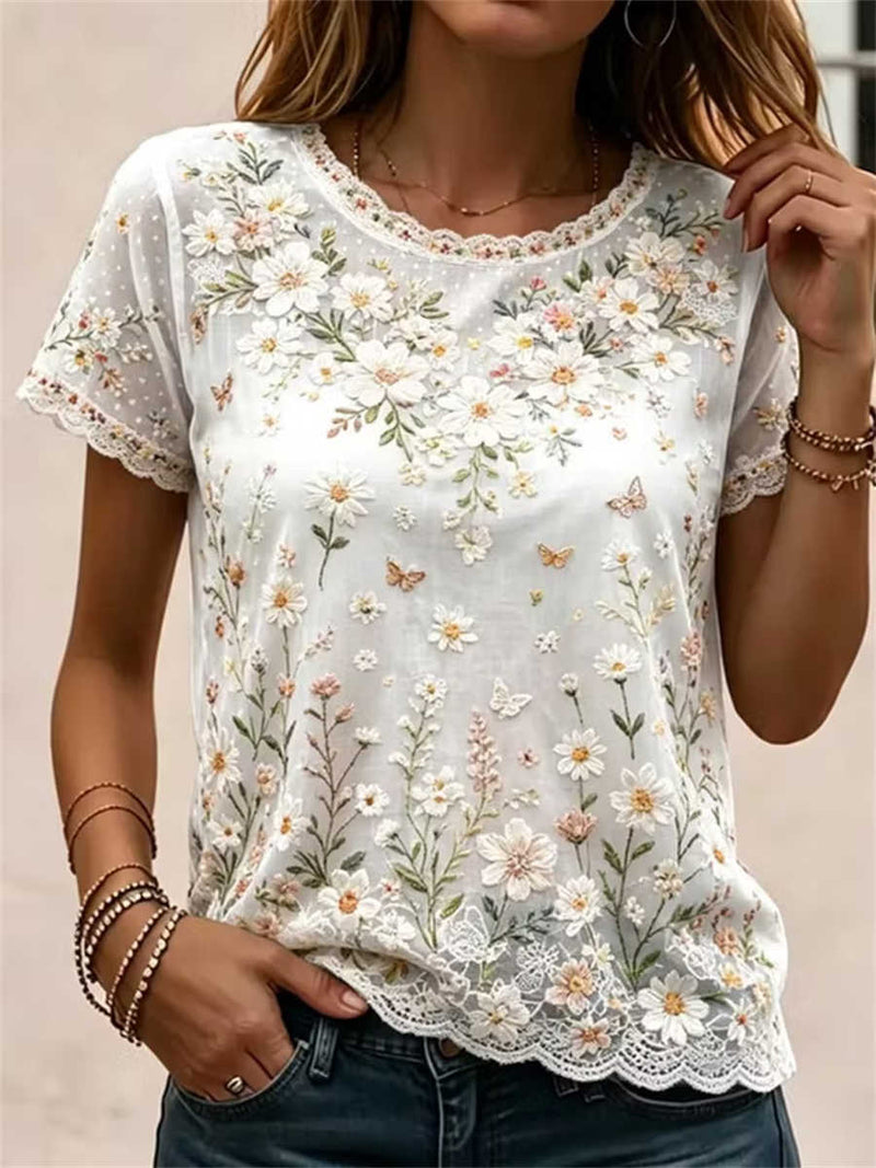 Women's White Floral Butterfly Embroidered Lace Trim Round Neck Short Sleeve Blouse
