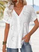 Women's White Floral Eyelet Button Front V Neck Short Sleeve Blouse