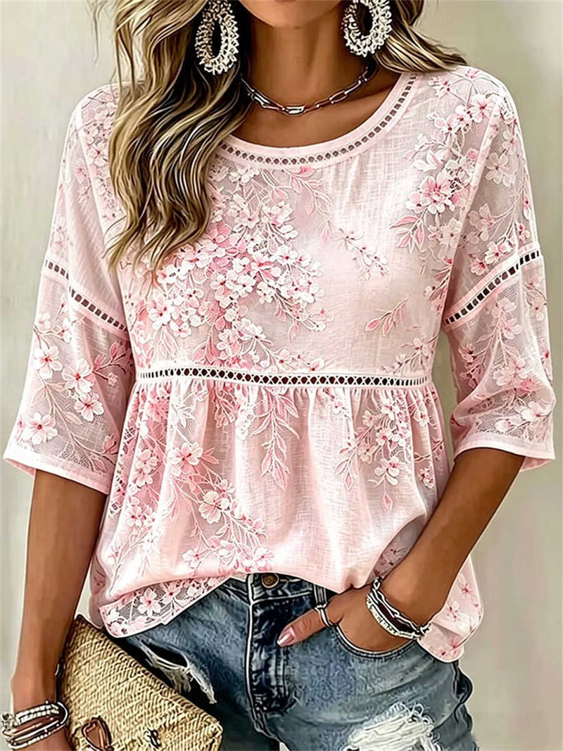 Women's Light Pink Floral Eyelet Peplum Round Neck 3/4 Sleeve Blouse