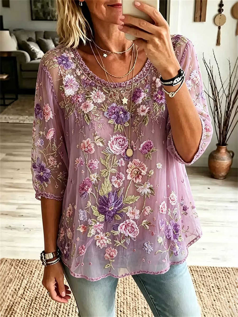 Women's Purple Floral Embroidered Mesh Round Neck 3/4 Sleeve Blouse