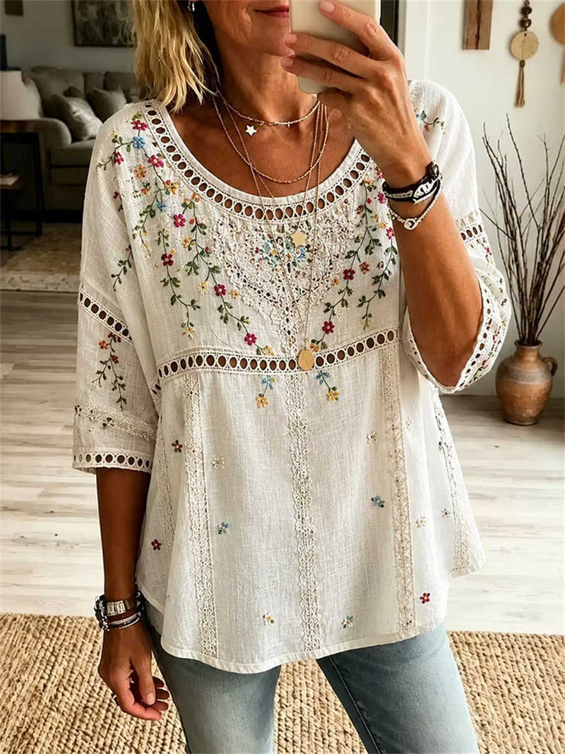 Women's White Multicolor Floral Embroidered Eyelet Lace Round Neck 3/4 Sleeve Blouse