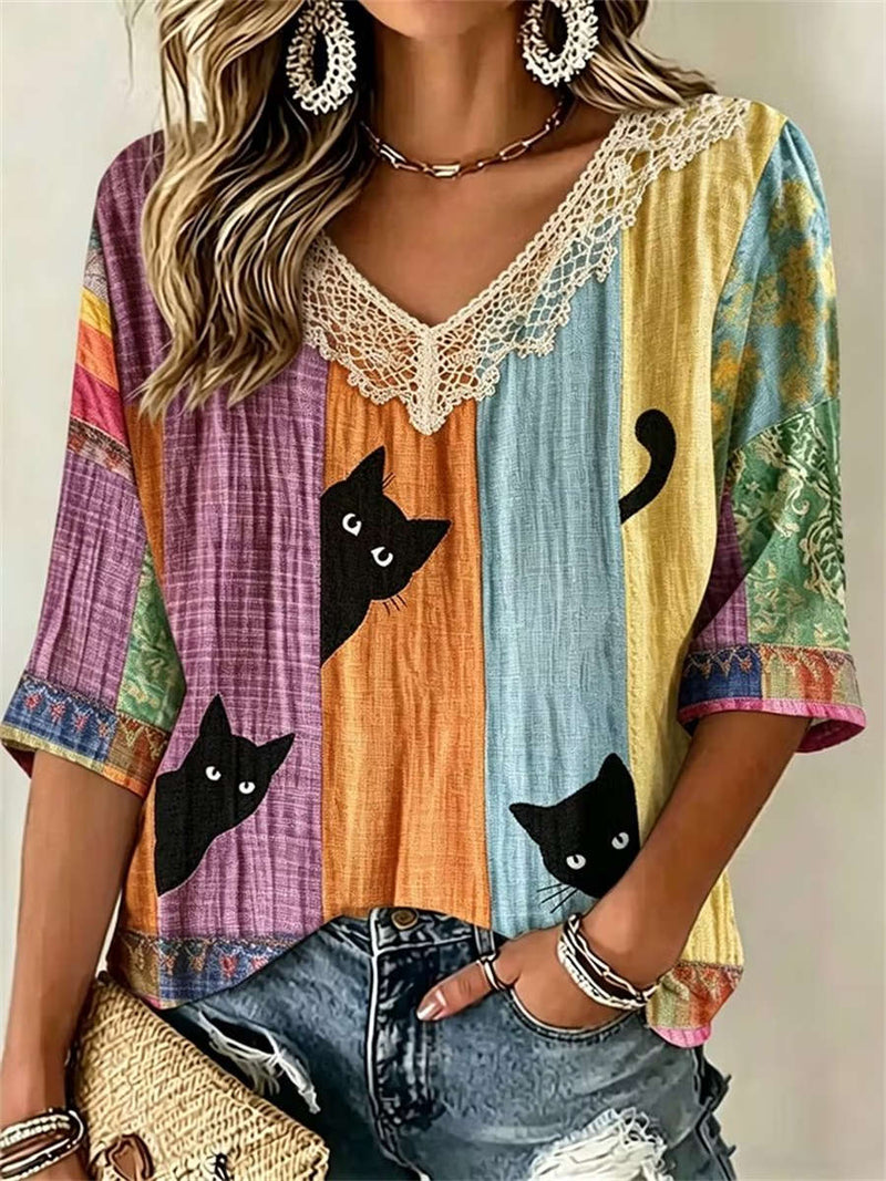 Women's Multi Color Block Black Cat Print Lace V Neck 3/4 Sleeve Blouse