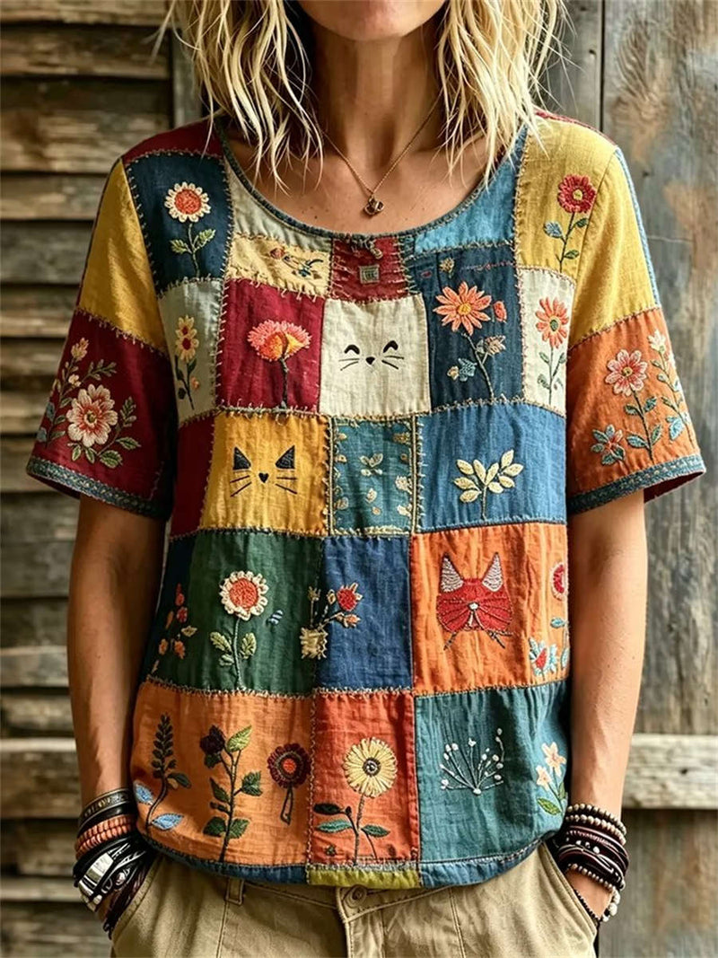 Women's Patchwork Floral Cat Embroidered Round Neck Short Sleeve Blouse