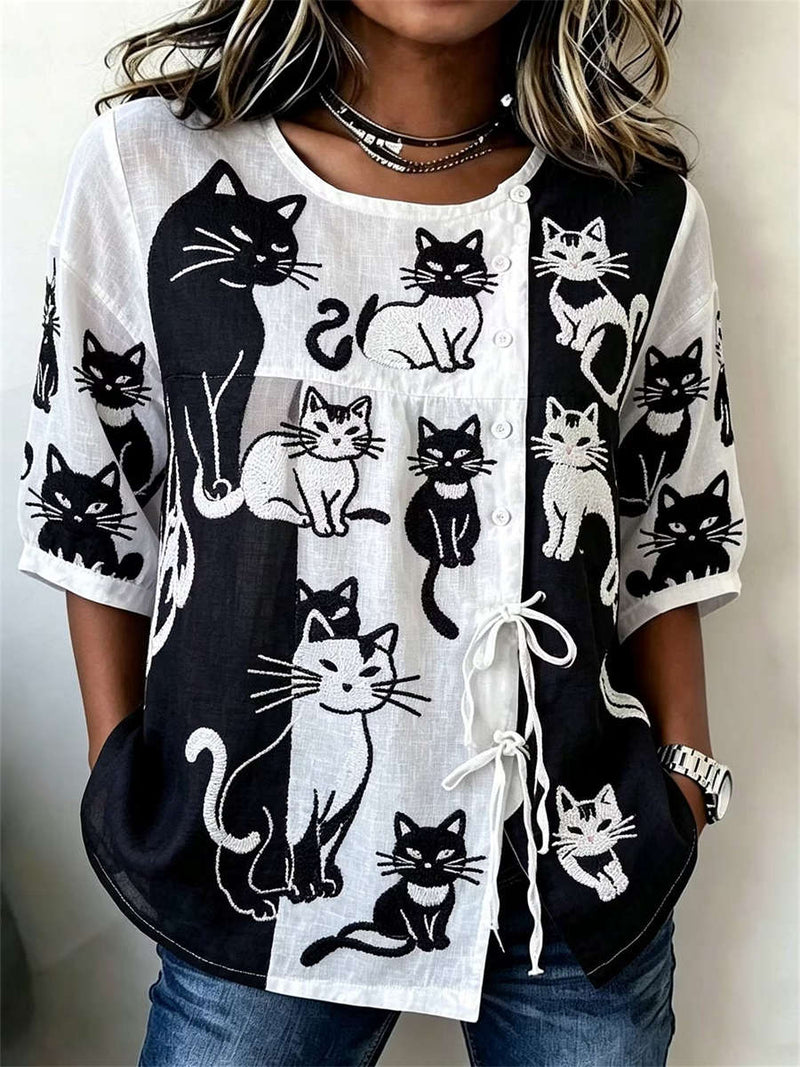 Women's Black White Color Block Cat Embroidered Round Neck 3/4 Sleeve Blouse