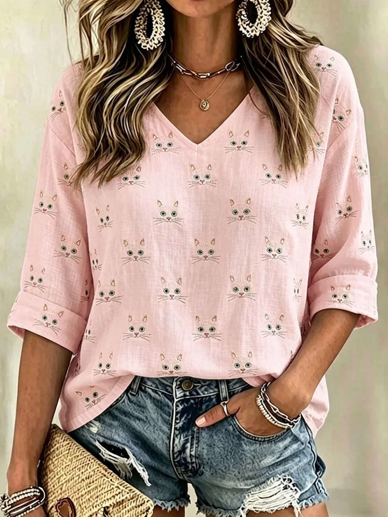 Women's Light Pink Cat Face Embroidered V Neck 3/4 Sleeve Blouse