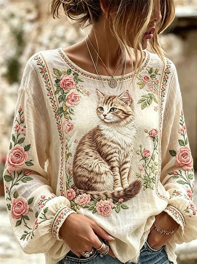 Women's Beige Cat Rose Floral Embroidered Round Neck Long Sleeve Blouse