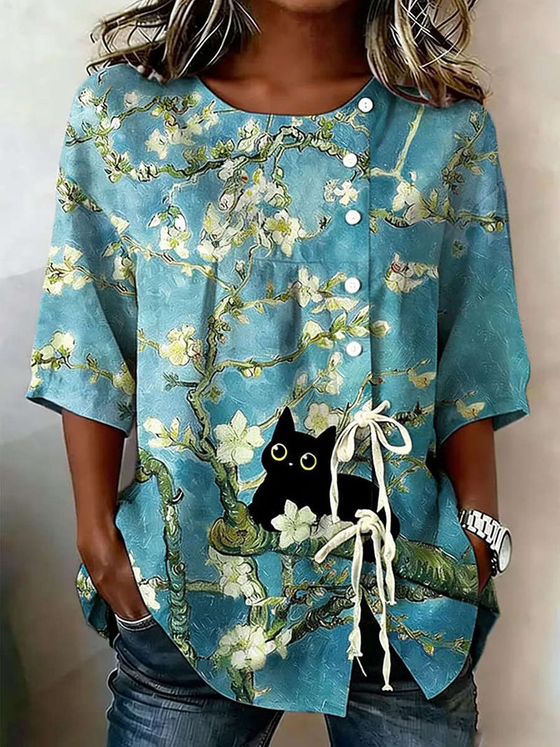 Women's Lake Blue Black Cat Print Round Neck 3/4 Sleeve Blouse