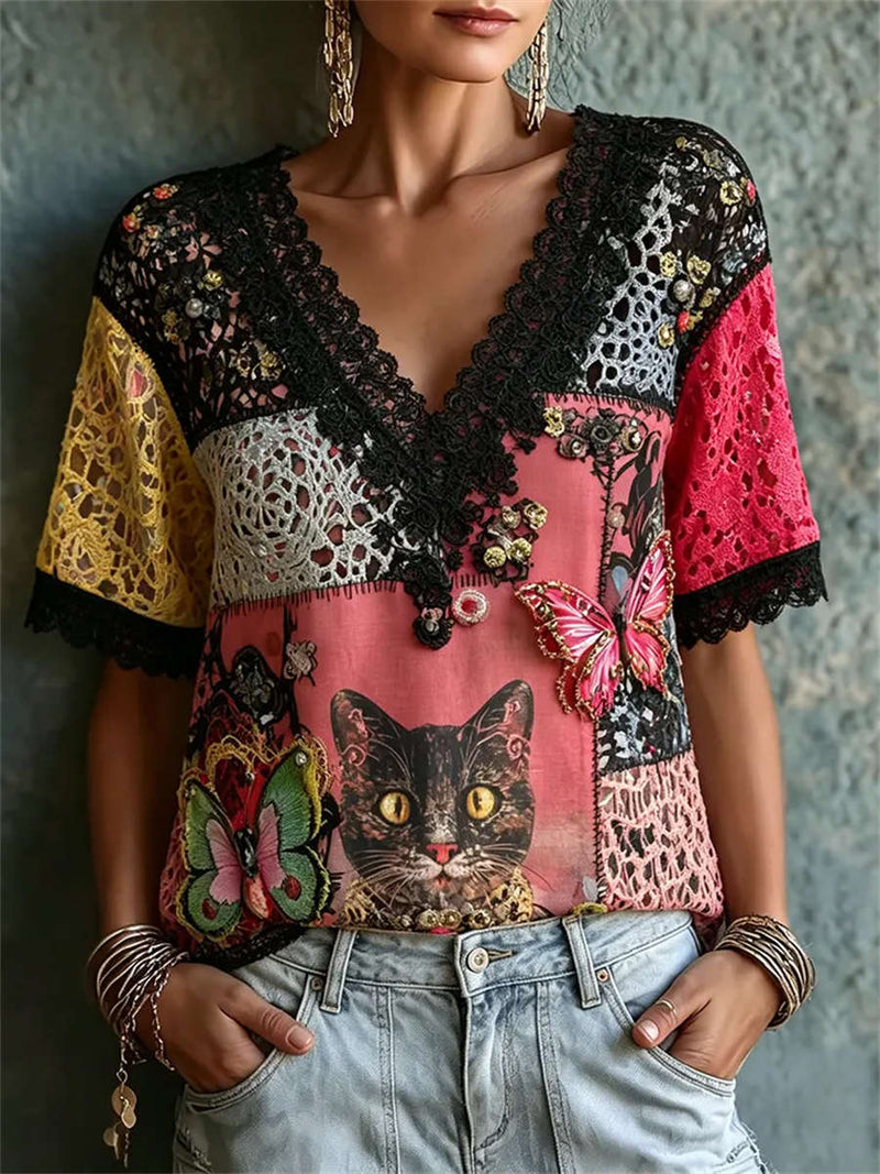 Women's Color Block Lace Splice Cat Butterfly Print V Neck Short Sleeve Blouse