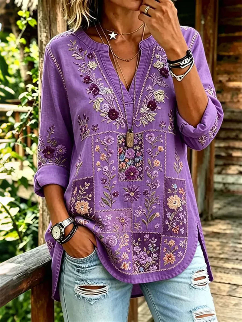 Women's Purple Floral Embroidered Split Neck Long Sleeve Blouse