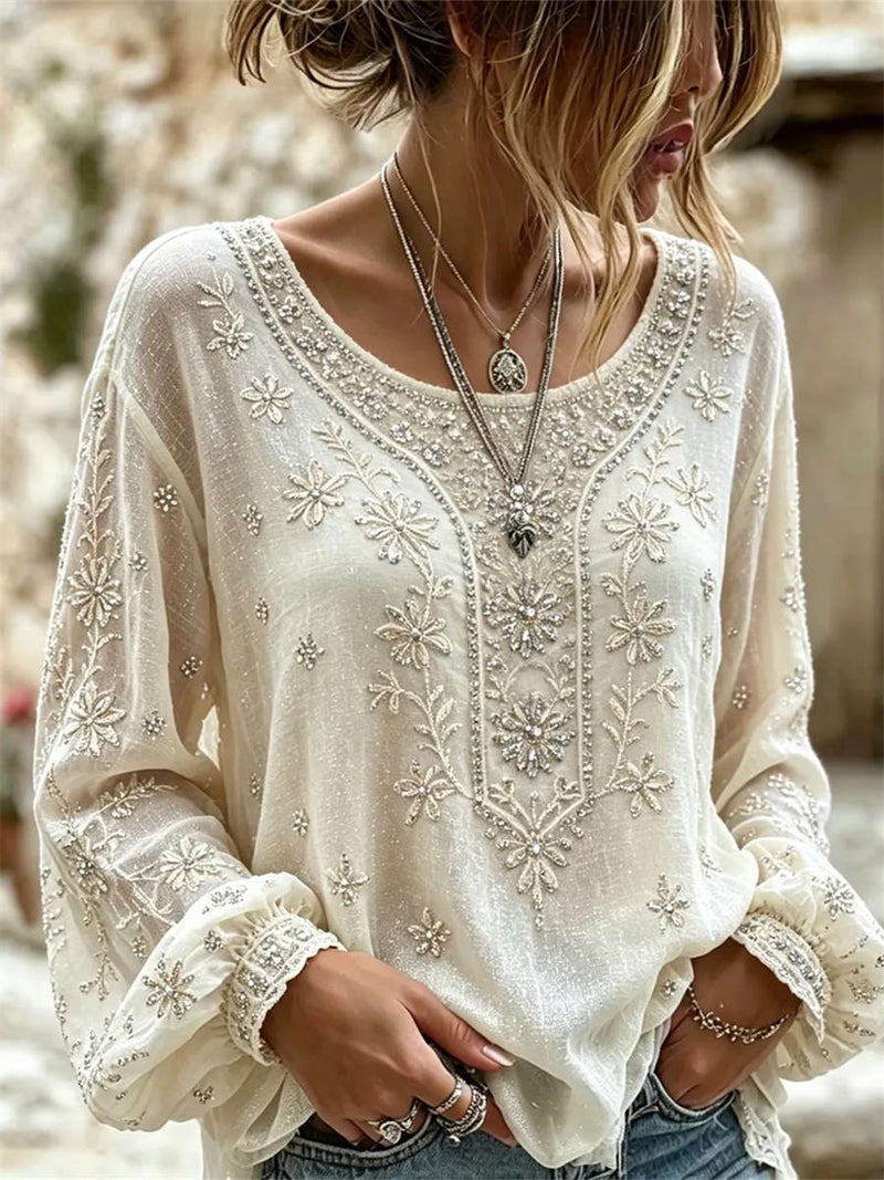 Women's Off White Floral Embroidered Round Neck Long Sleeve Blouse