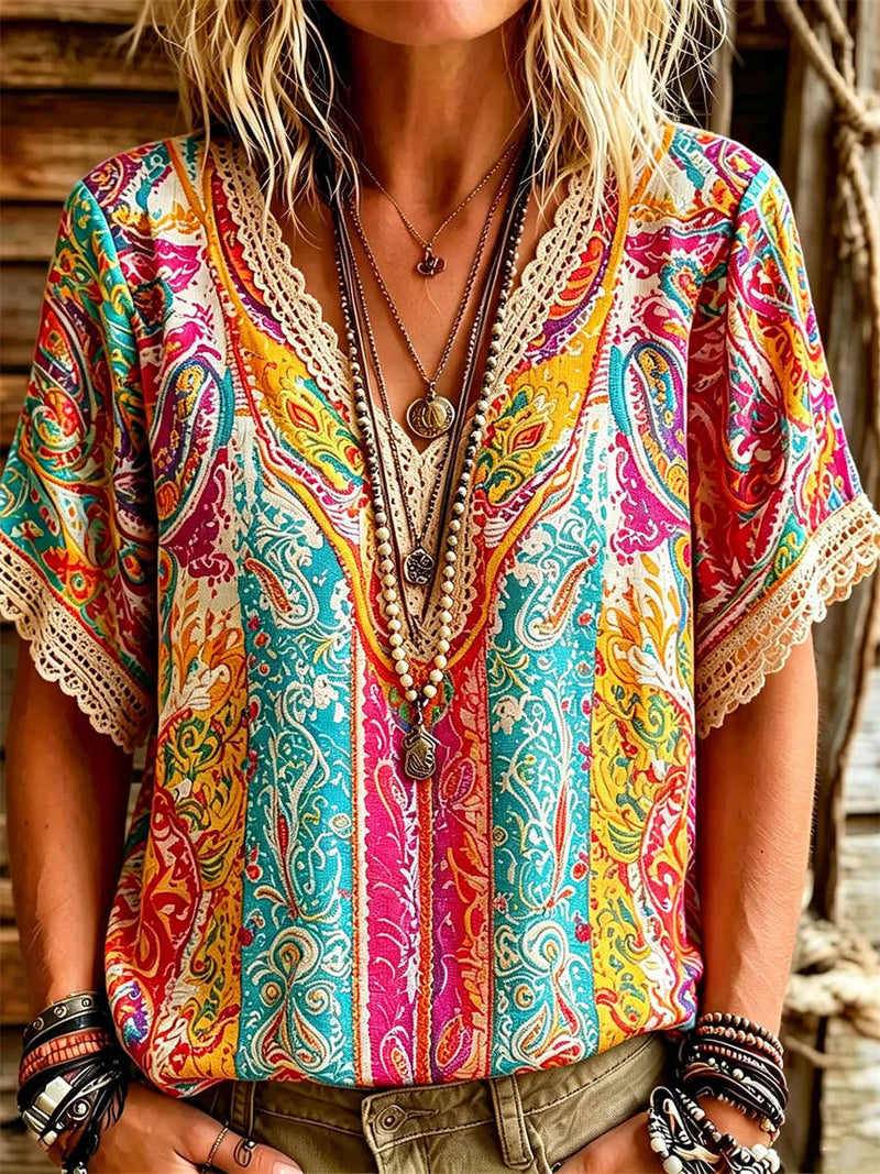Women's Multi Paisley Print Lace Trim V Neck Short Sleeve Blouse