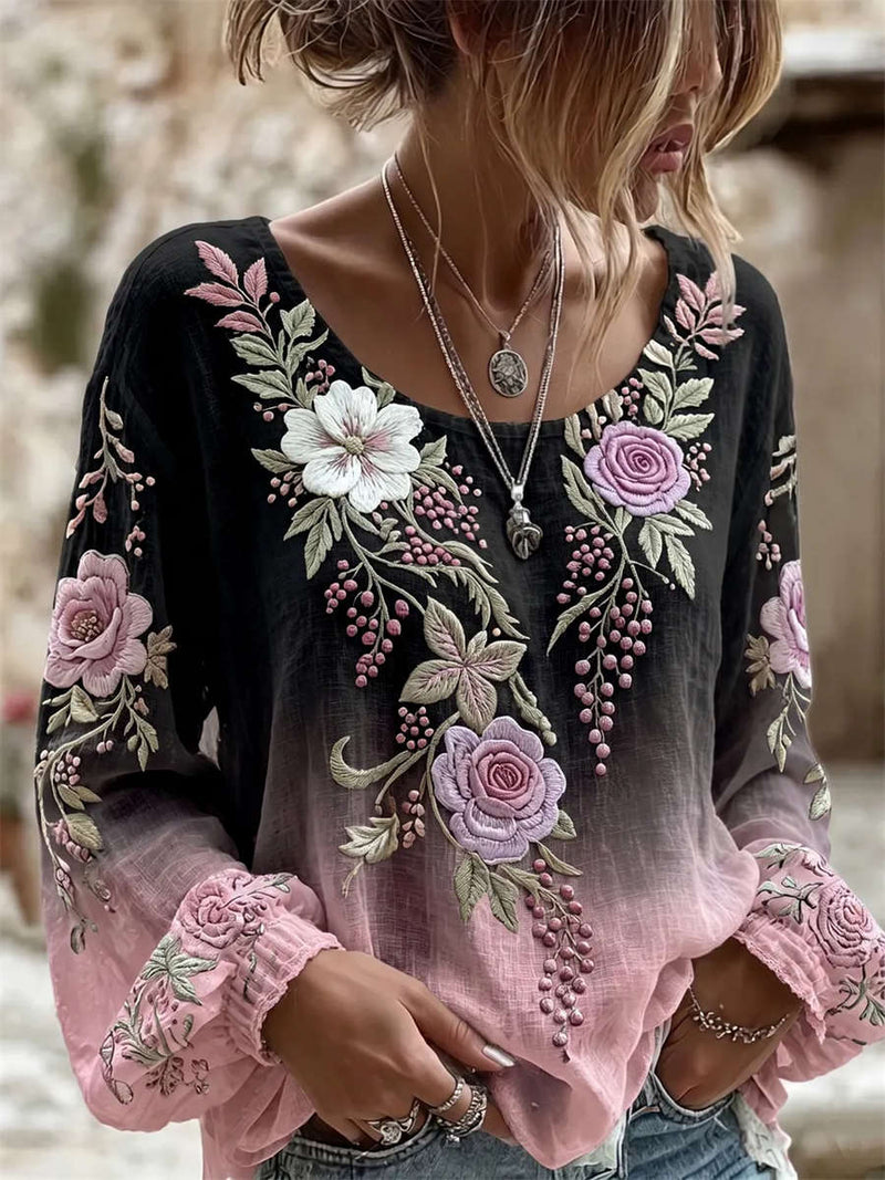 Women's Black Pink Gradient Floral Embroidered Round Neck Long Sleeve Blouse