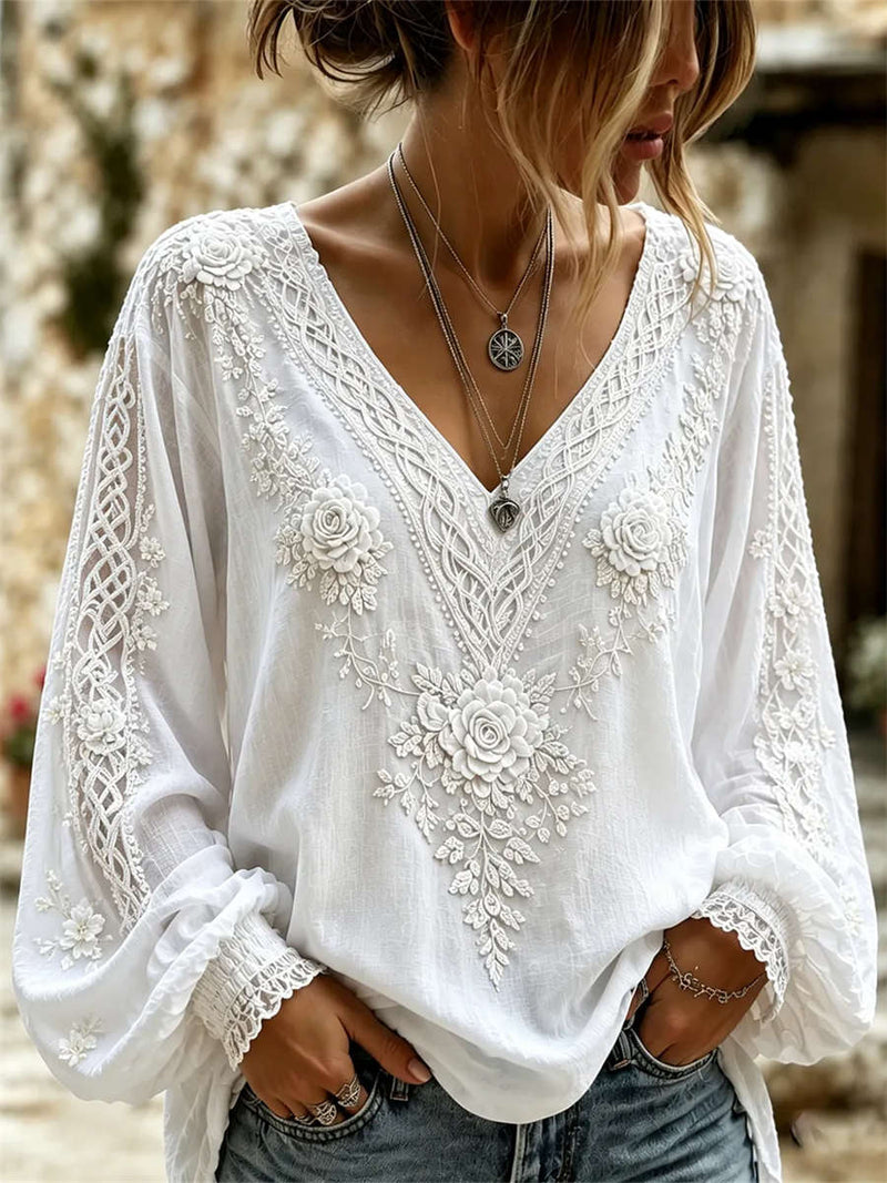 Women's White Floral Embroidery V Neck Long Sleeve Blouse