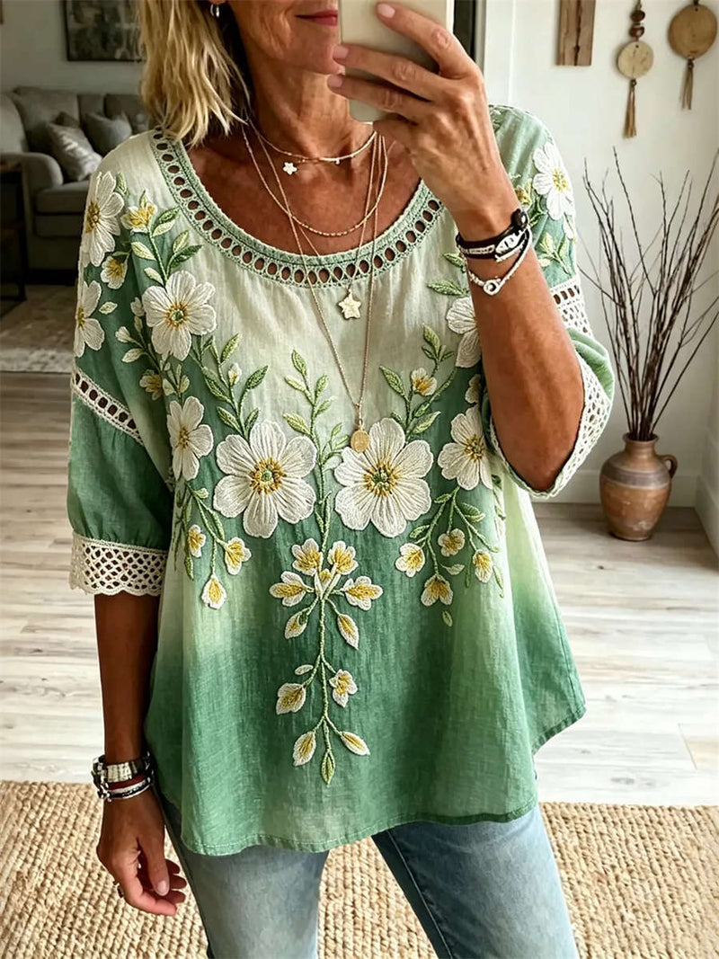 Women's Green Gradient Floral Embroidery Hollow Round Neck 3/4 Sleeve Blouse